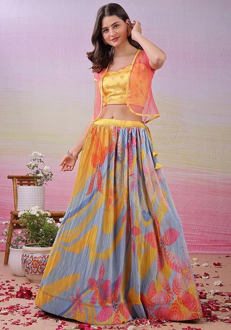 Yellow Printed Blended Lehenga Choli