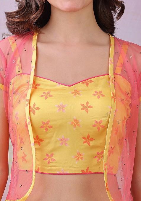 Yellow Printed Blended Lehenga Choli