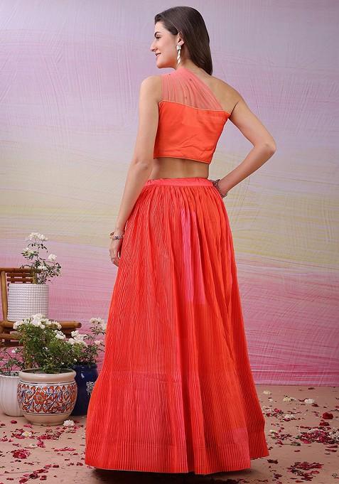 Orange Printed Blended Lehenga Choli