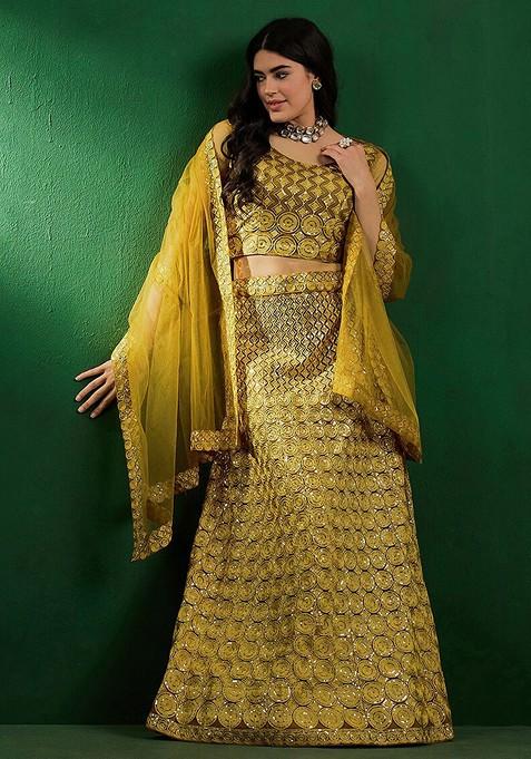 Mustard Emboridered Blended Lehenga Choli — view on Indya