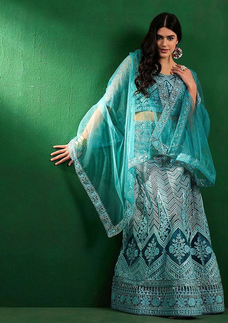 Turquoise Blue Emboridered Blended Lehenga Choli - Indya