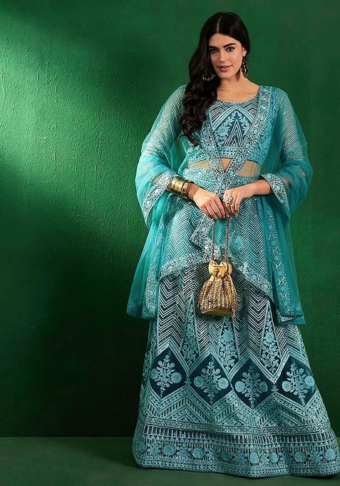 Turquoise Blue Emboridered Blended Lehenga Choli — view on Indya