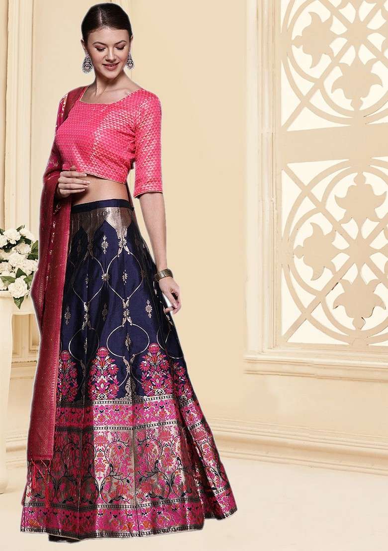 Navy Blue Emboridered Blended Lehenga Choli - Indya