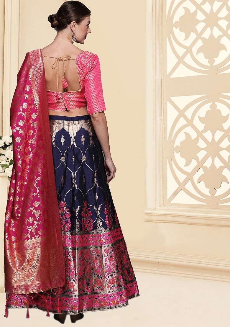 Navy Blue Emboridered Blended Lehenga Choli - Indya
