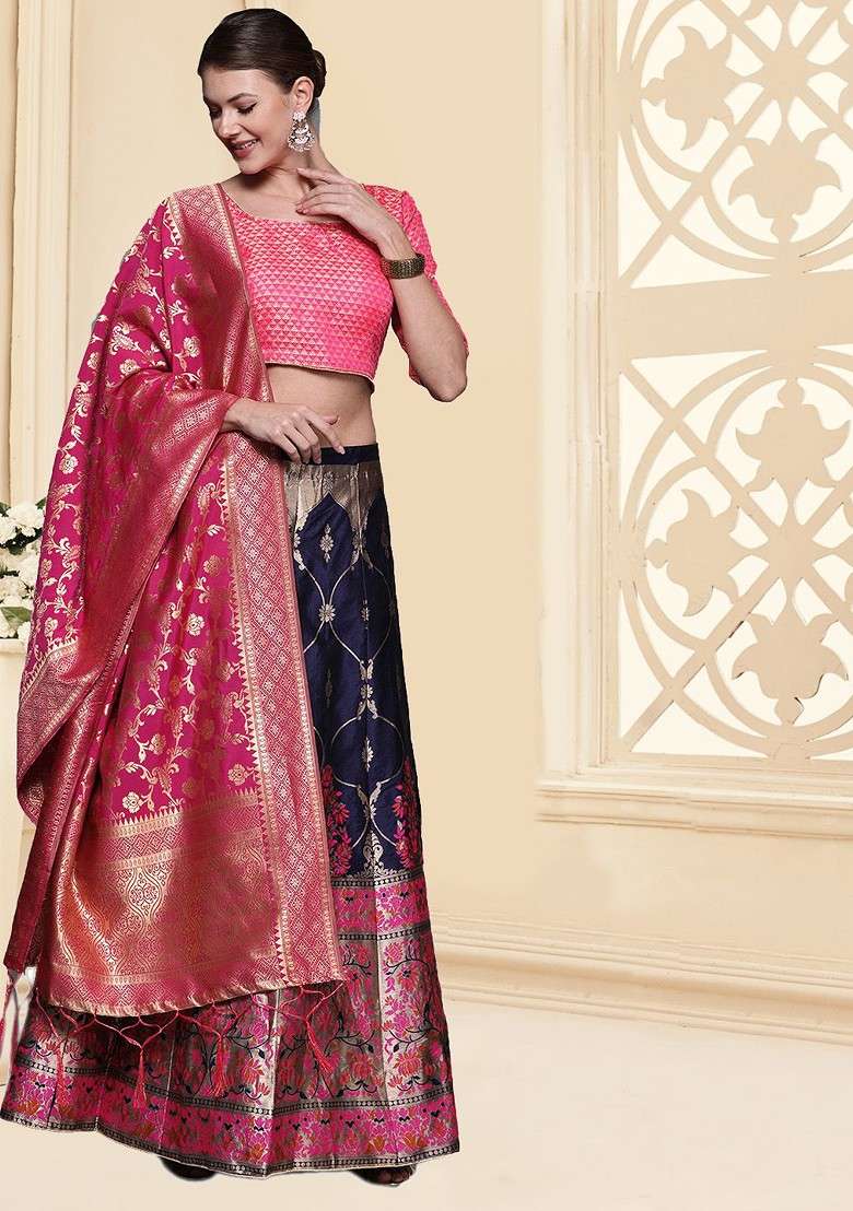 Navy Blue Emboridered Blended Lehenga Choli - Indya