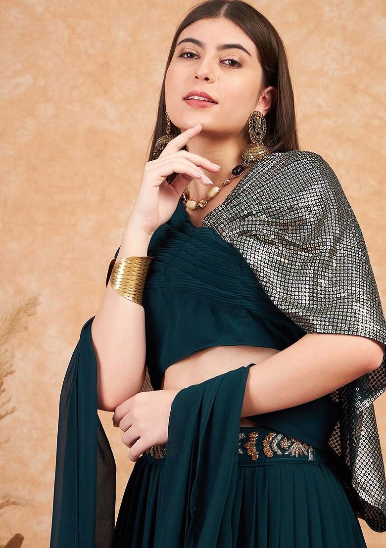 Teal Emboridered Blended Lehenga Choli - Indya