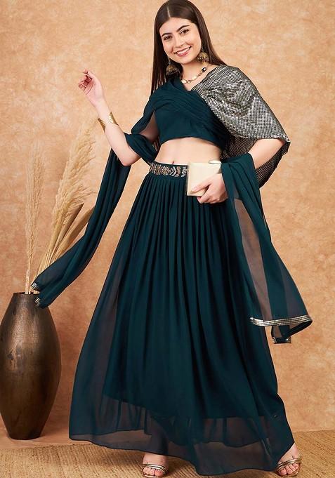 Teal Emboridered Blended Lehenga Choli