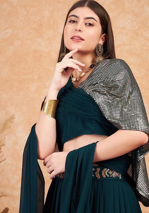 Teal Emboridered Blended Lehenga Choli