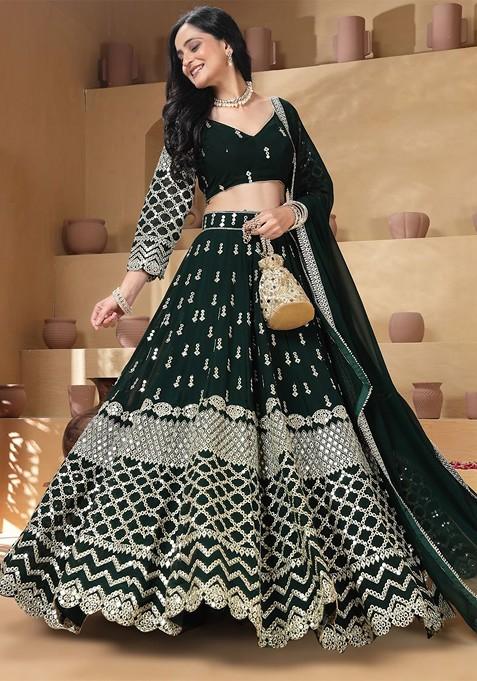 Green Embellished Blended Lehenga Choli — view on Indya