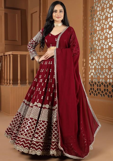 Maroon Embellished Blended Lehenga Choli — view on Indya