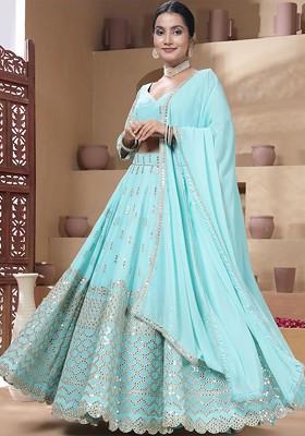 Turquoise Blue Embellished Blended Lehenga Choli