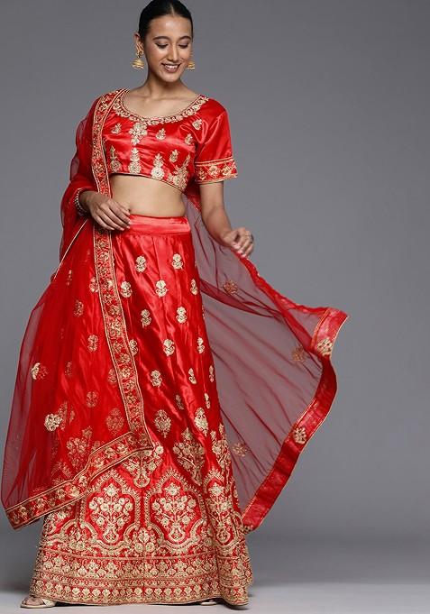 Red Emboridered Blended Lehenga Choli — view on Indya