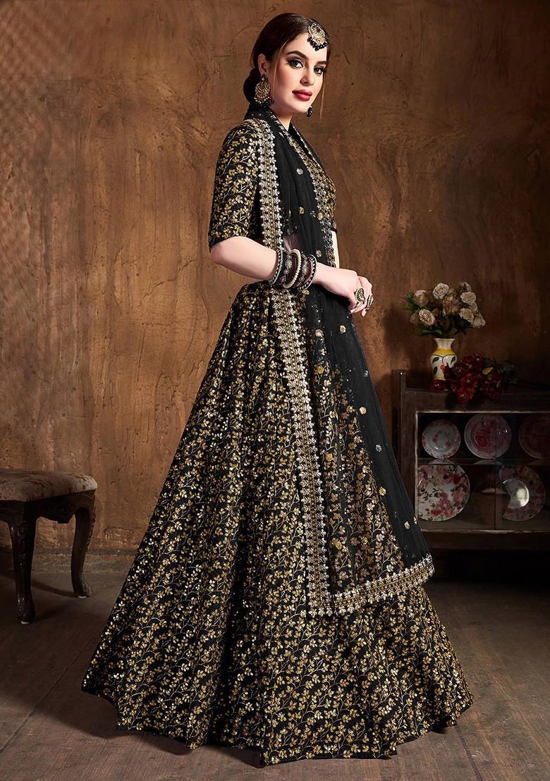 Black Emboridered Blended Lehenga Choli - Indya