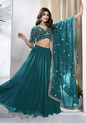 Turquoise Blue Emboridered Blended Lehenga Choli