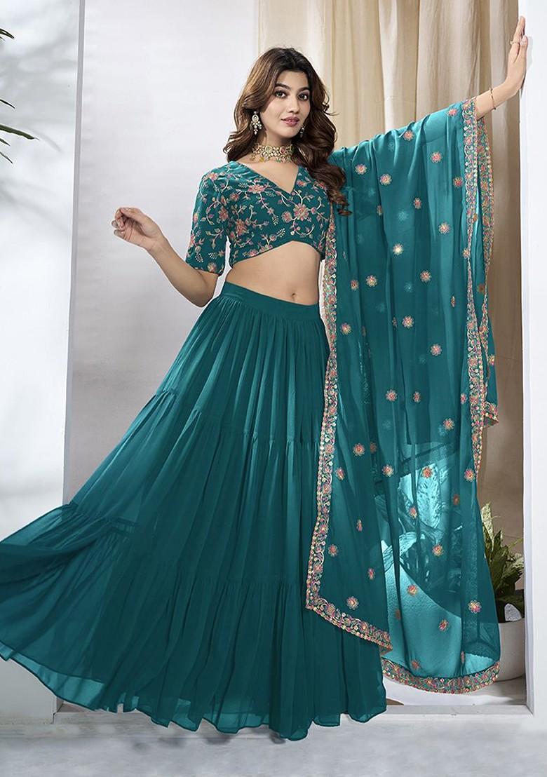 Turquoise Blue Emboridered Blended Lehenga Choli - Indya