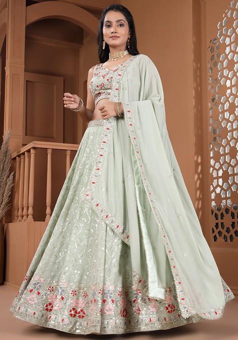 Green Embellished Blended Lehenga Choli — view on Indya