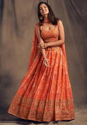 Orange Emboridered Blended Lehenga Choli