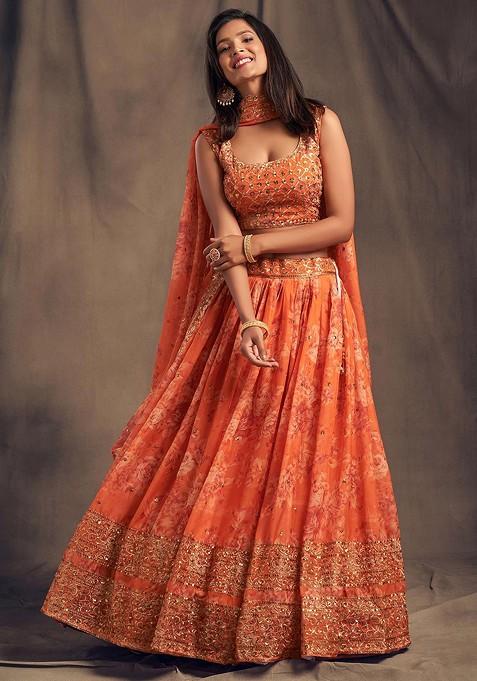 Orange Emboridered Blended Lehenga Choli — view on Indya