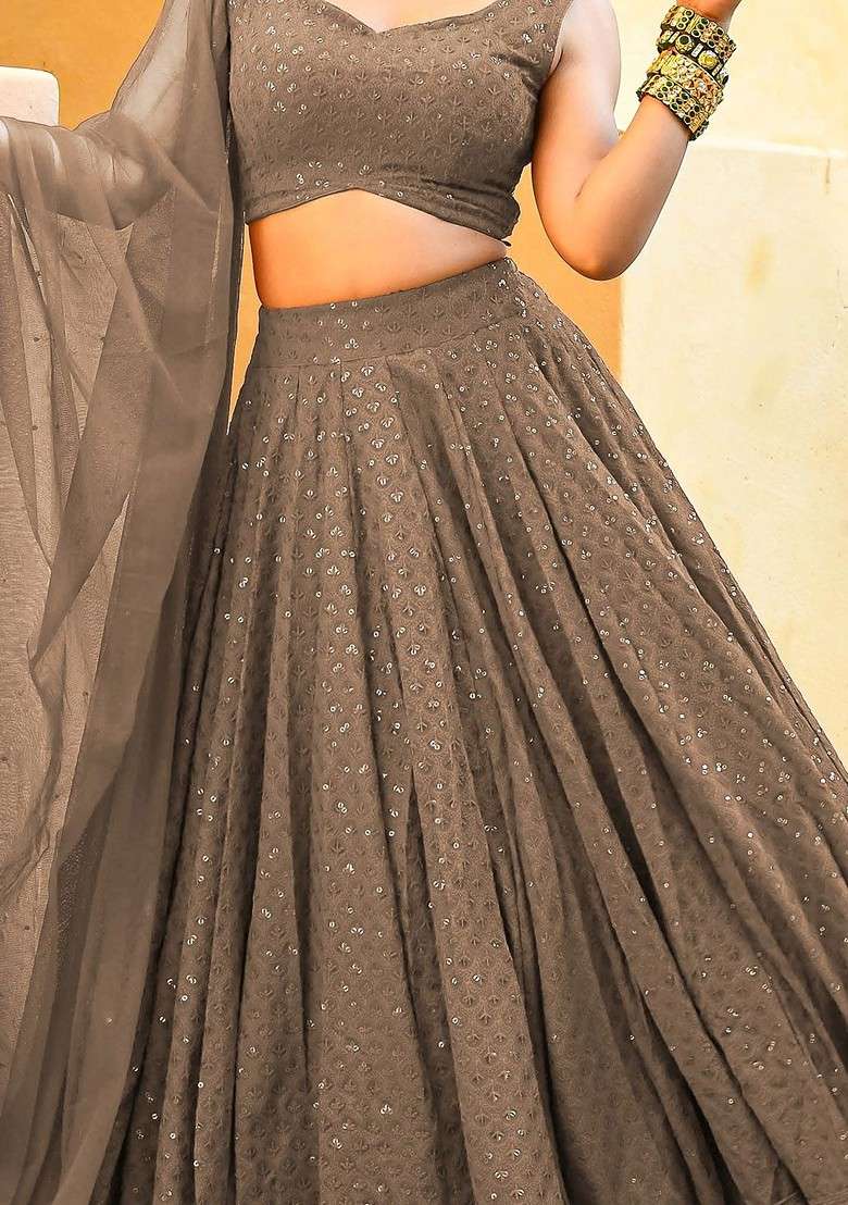 Grey Emboridered Blended Lehenga Choli - Indya
