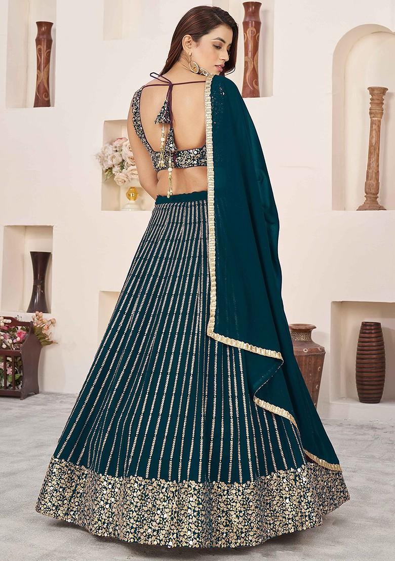 Green Emboridered Blended Lehenga Choli - Indya