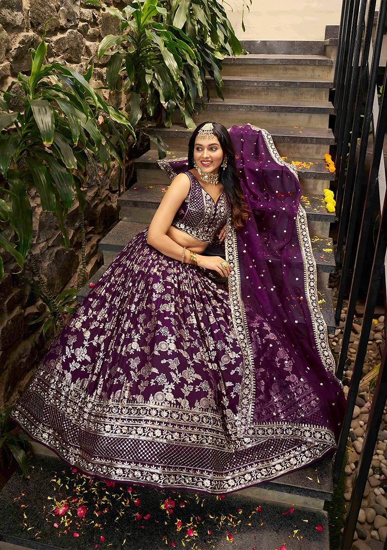Purple Emboridered Blended Lehenga Choli - Indya