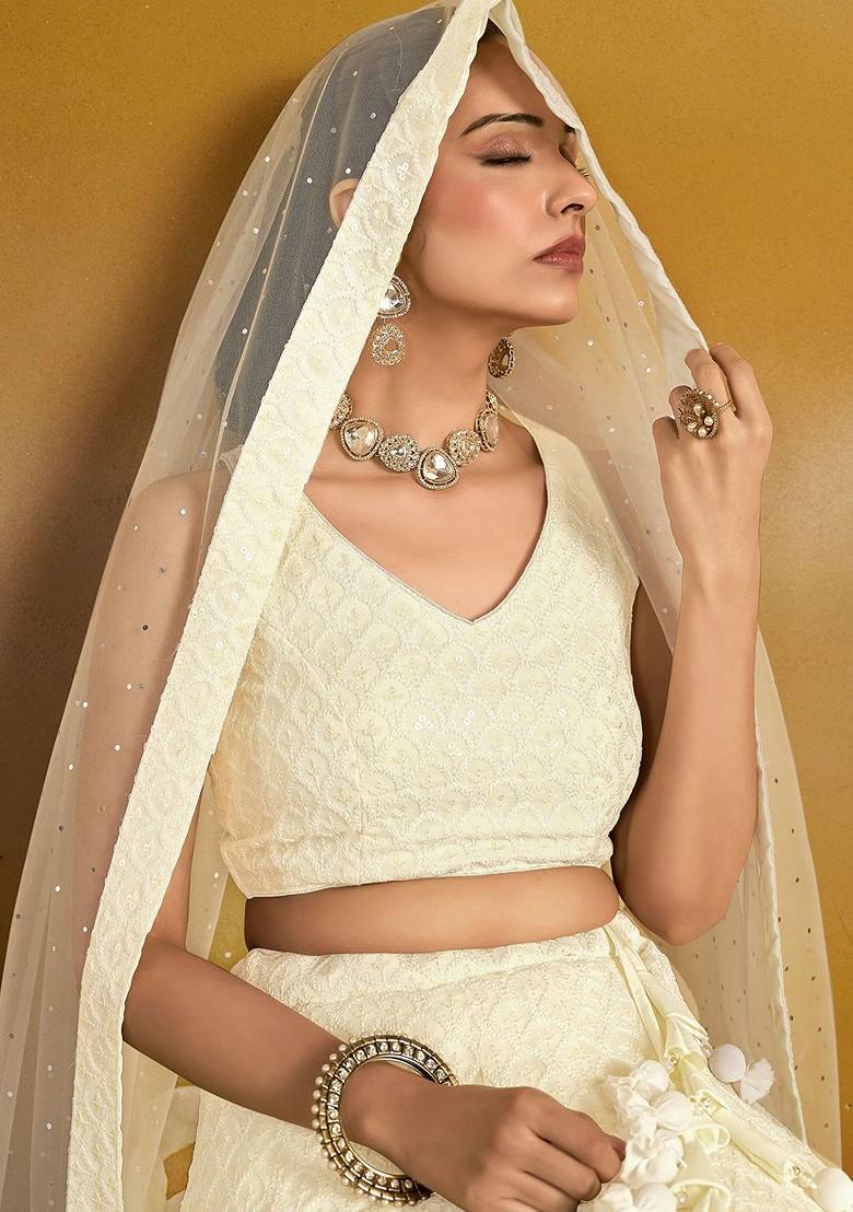White Emboridered Blended Lehenga Choli - Indya