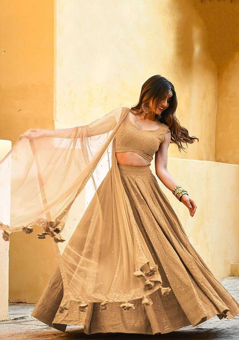 Beige Emboridered Blended Lehenga Choli - Indya