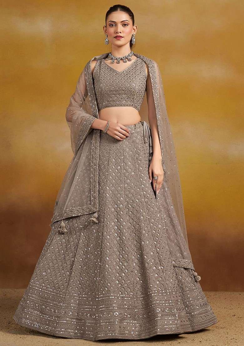 Grey Emboridered Blended Lehenga Choli - Indya