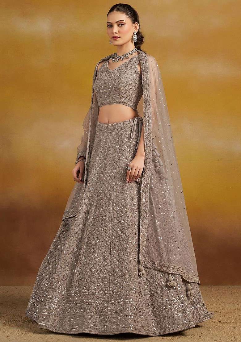 Grey Emboridered Blended Lehenga Choli - Indya