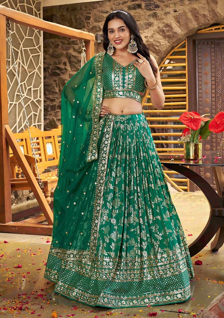 Green Emboridered Blended Lehenga Choli - Indya
