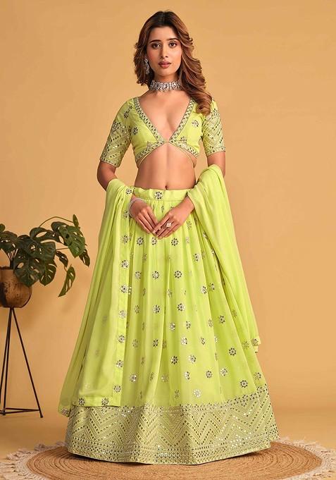 Lime Green Emboridered Blended Lehenga Choli — view on Indya