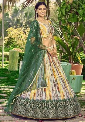 Green Printed Blended Lehenga Choli