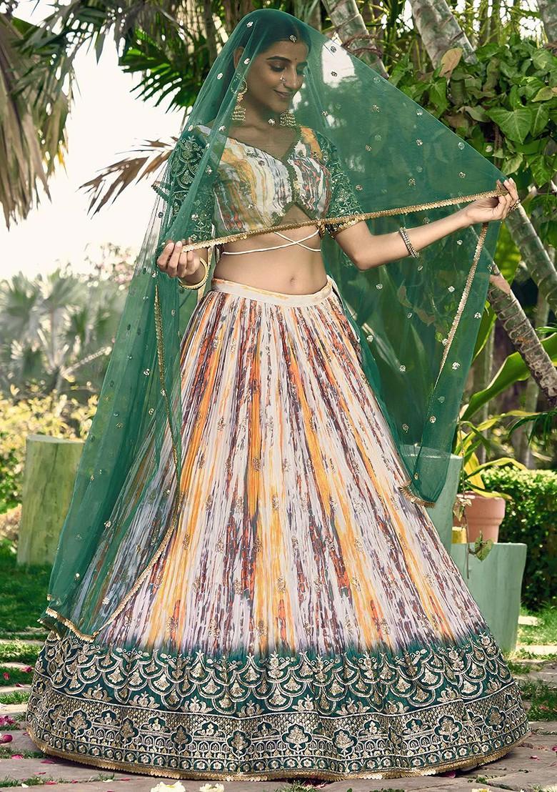 Green Printed Blended Lehenga Choli - Indya