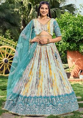 Teal Printed Blended Lehenga Choli