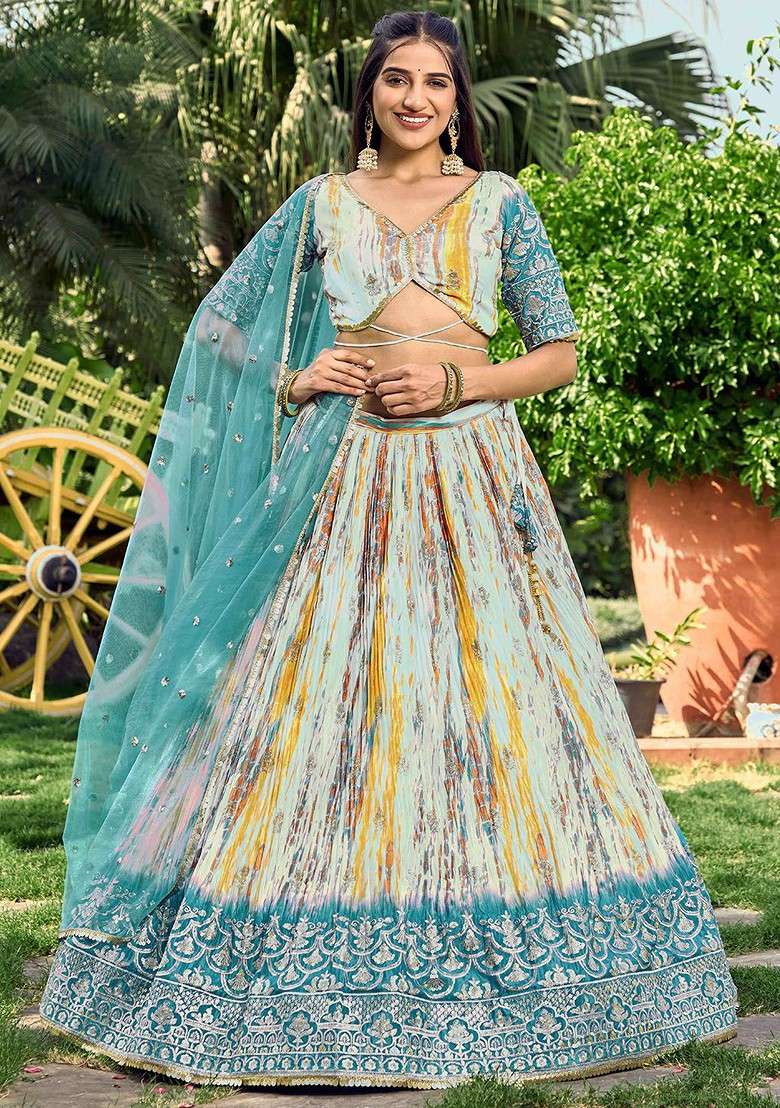 Teal Printed Blended Lehenga Choli - Indya