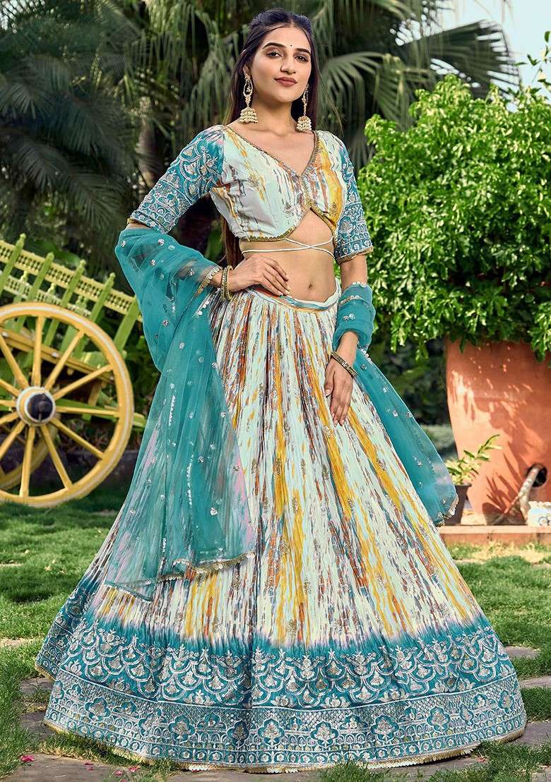 Teal Printed Blended Lehenga Choli - Indya