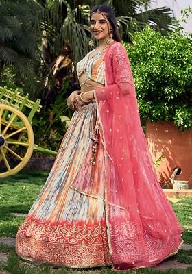 Cream Printed Blended Lehenga Choli