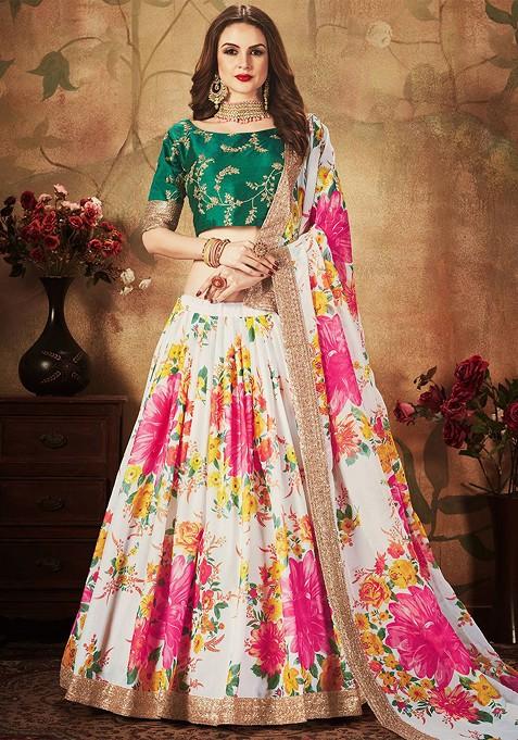 Off White Emboridered Blended Lehenga Choli — view on Indya