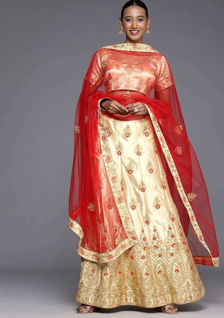 Cream Emboridered Blended Lehenga Choli - Indya