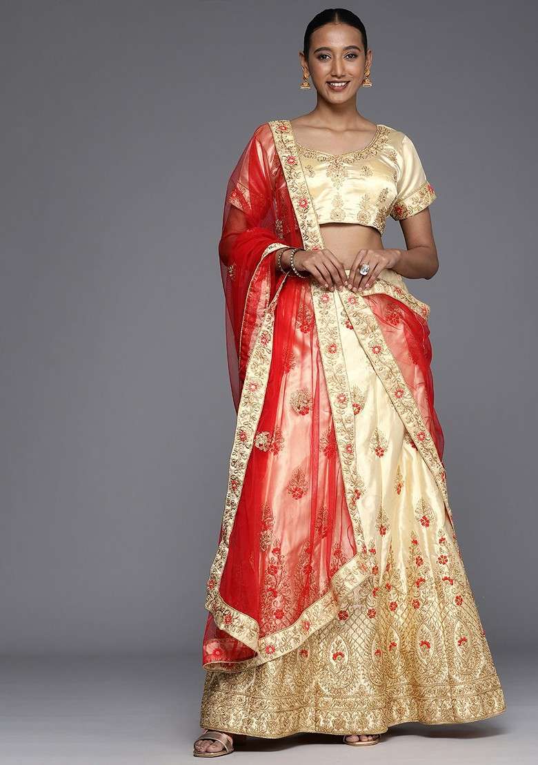 Cream Emboridered Blended Lehenga Choli - Indya