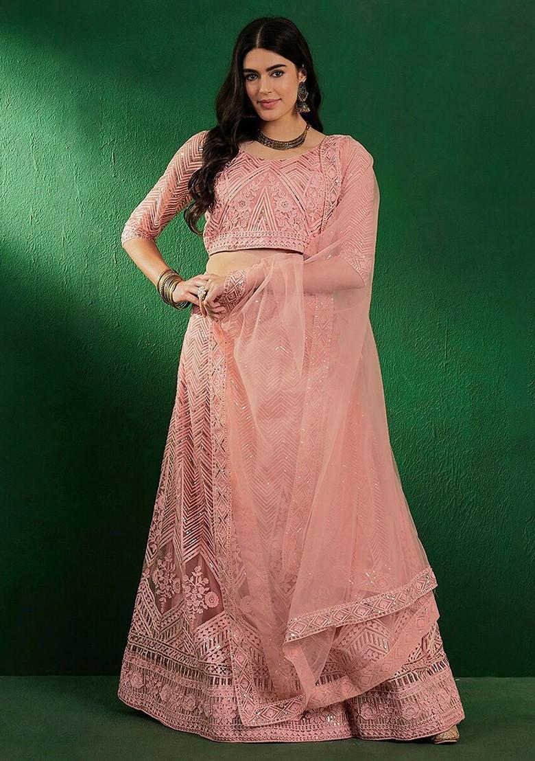 Peach Emboridered Blended Lehenga Choli - Indya
