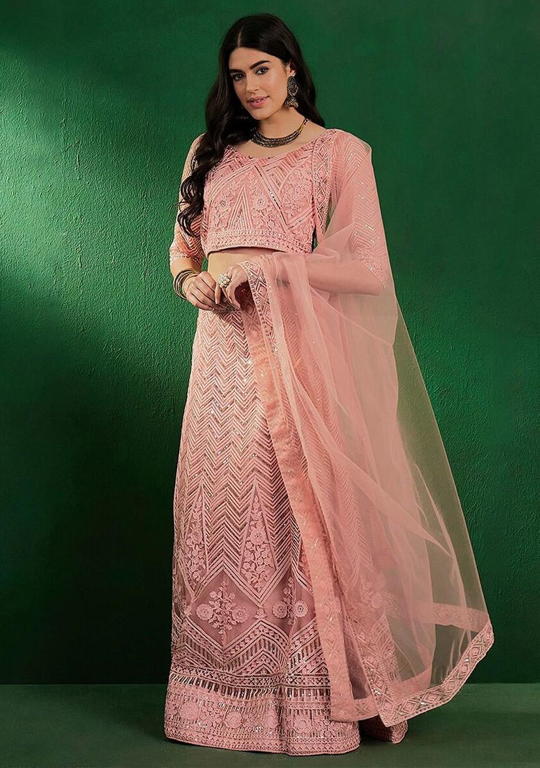 Peach Emboridered Blended Lehenga Choli - Indya
