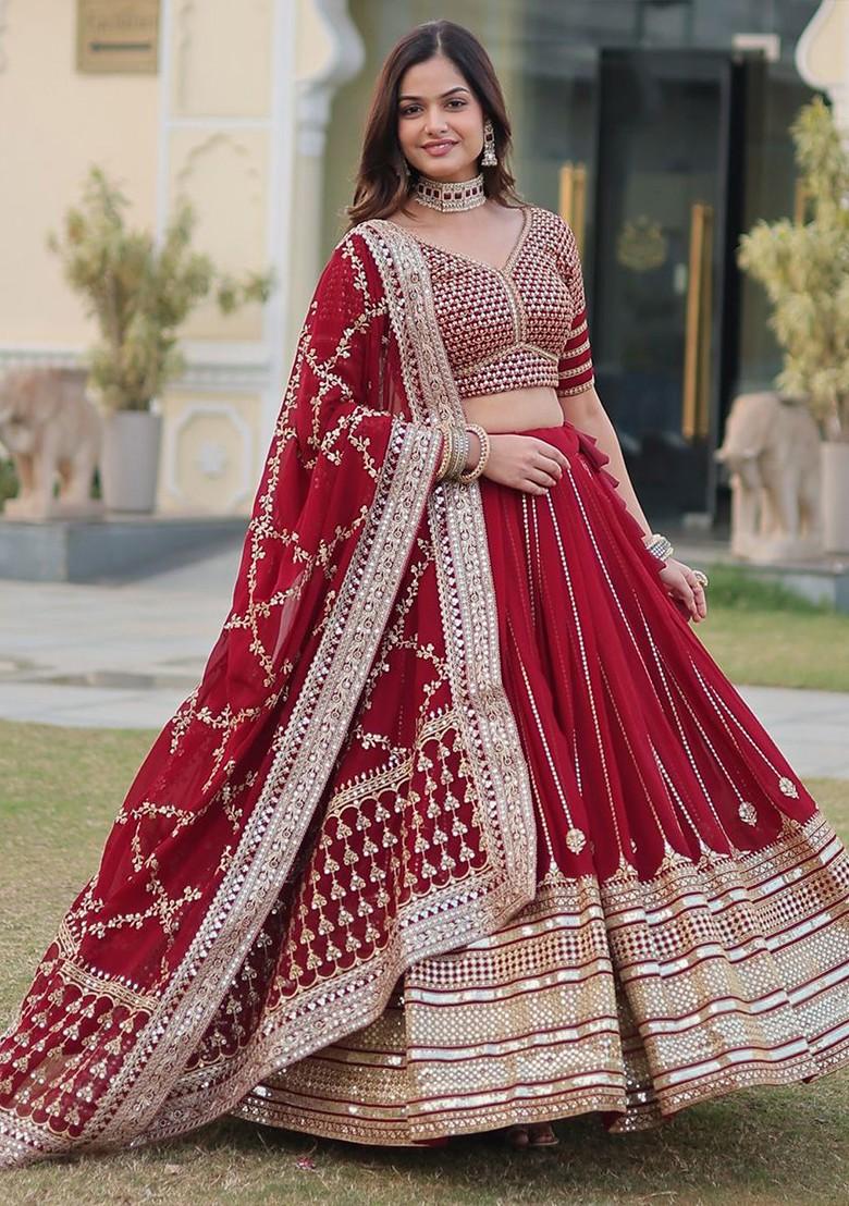 Red Embellished Blended Lehenga Choli - Indya