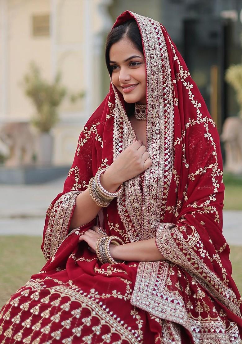 Red Embellished Blended Lehenga Choli - Indya