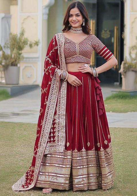 Red Embellished Blended Lehenga Choli — view on Indya