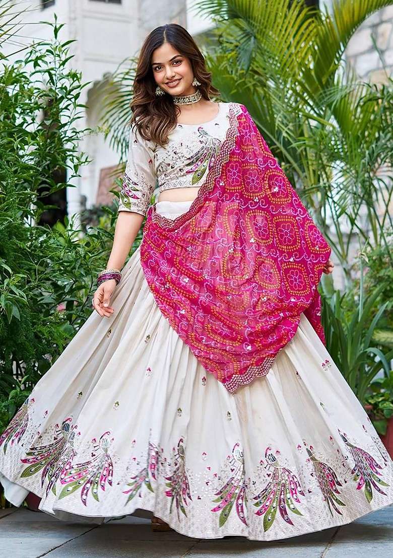 White Emboridered Blended Lehenga Choli - Indya