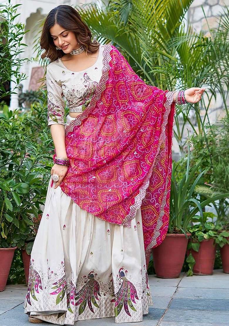 White Emboridered Blended Lehenga Choli - Indya