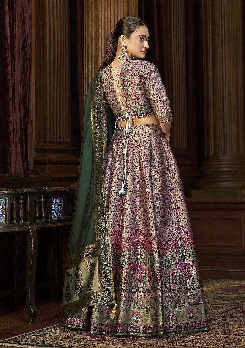 Sea Green Woven Design Blended Lehenga Choli - Indya