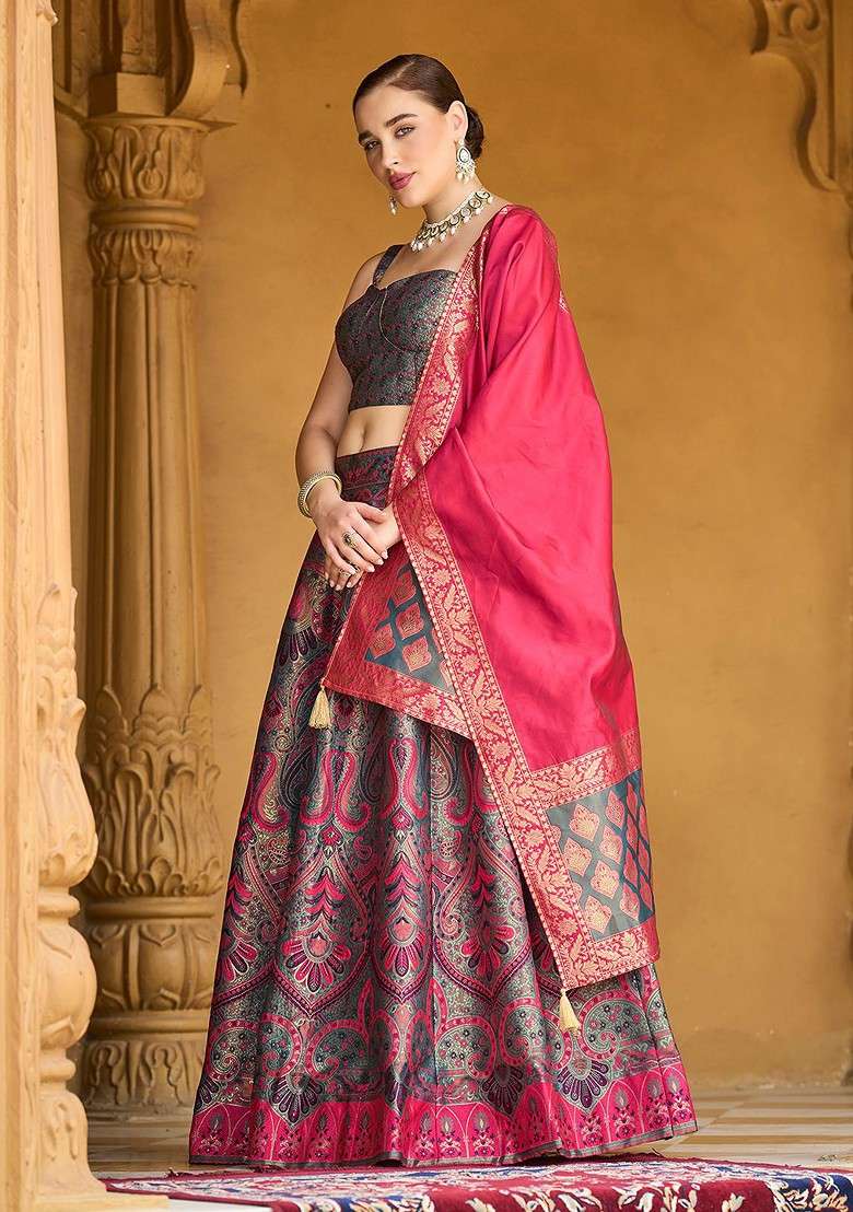 Charcoal Woven Design Blended Lehenga Choli - Indya