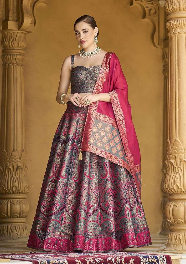 Charcoal Woven Design Blended Lehenga Choli - Indya
